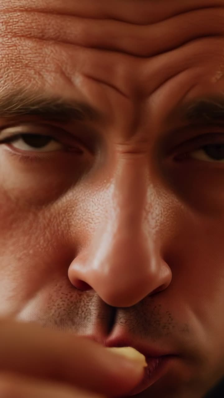 Vertical video: Right-hand reaching man placing snack to mouth in tight close-up, evaluating taste