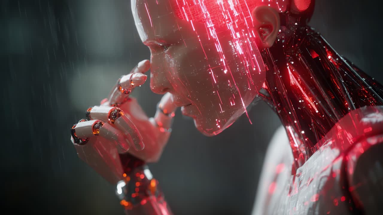 A Futuristic Cybernetic Being Lost in Thought, Illuminated by Glowing Red Patterns, Captured in a Moment of Introspection and High-Tech Aesthetics Amidst Rain
