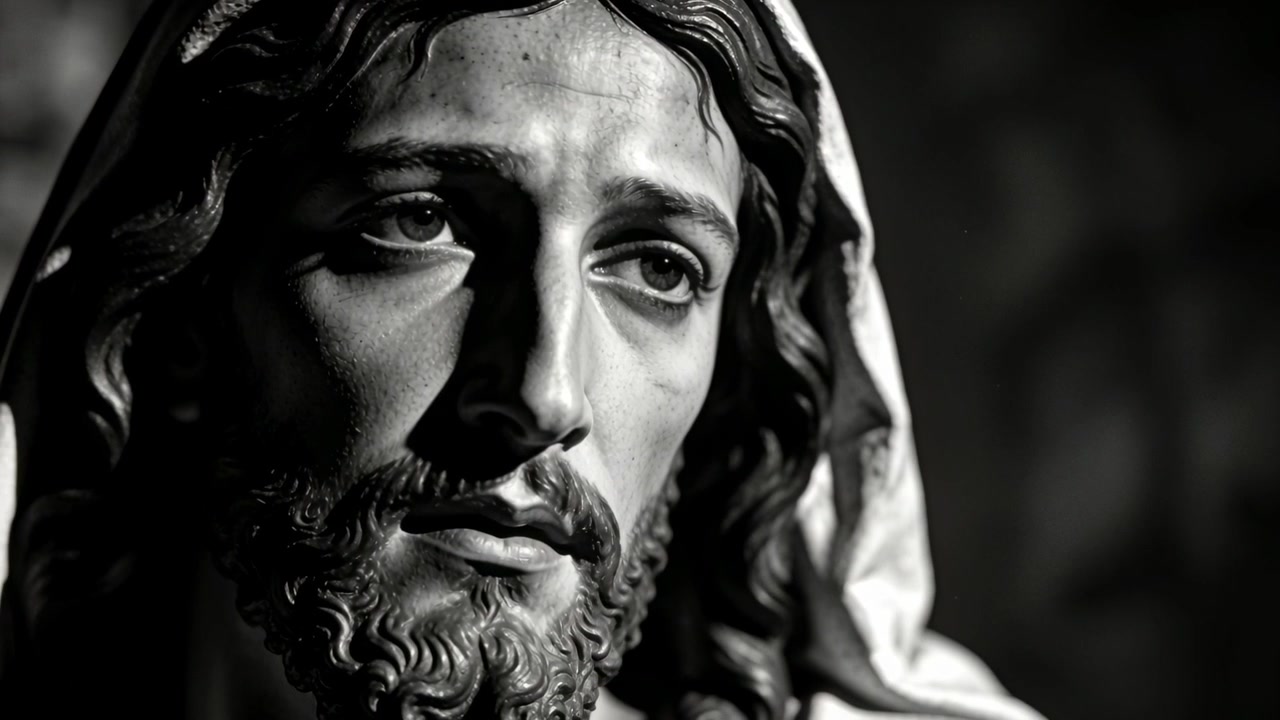 Telecamera che zooma rivelando una statua maschile scolpita in una cappella, mostrando una veste con cappuccio e un volto scolpito.
