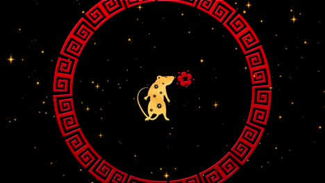 gold chinese new year background with red, gold and black, rat, fireworks, glittering stars 3d rendering loop 4k. magical happy new year animation