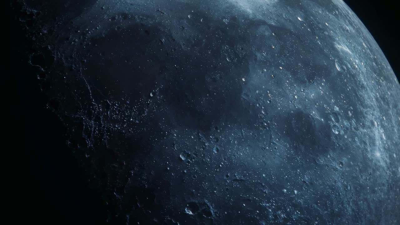 Sunlight sweeping over moon's cratered surface in outer space, revealing hidden ridges and basins