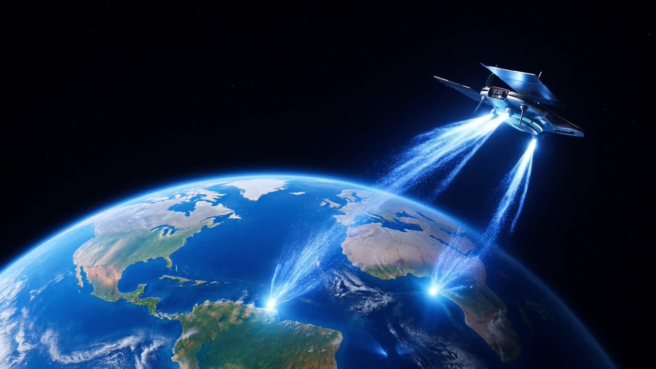 Futuristic Spaceship Transmitting Energy Beams to Earth from Orbit