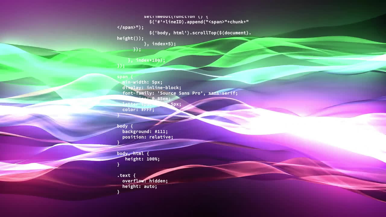 Animation of data processing over glowing green and pink waves