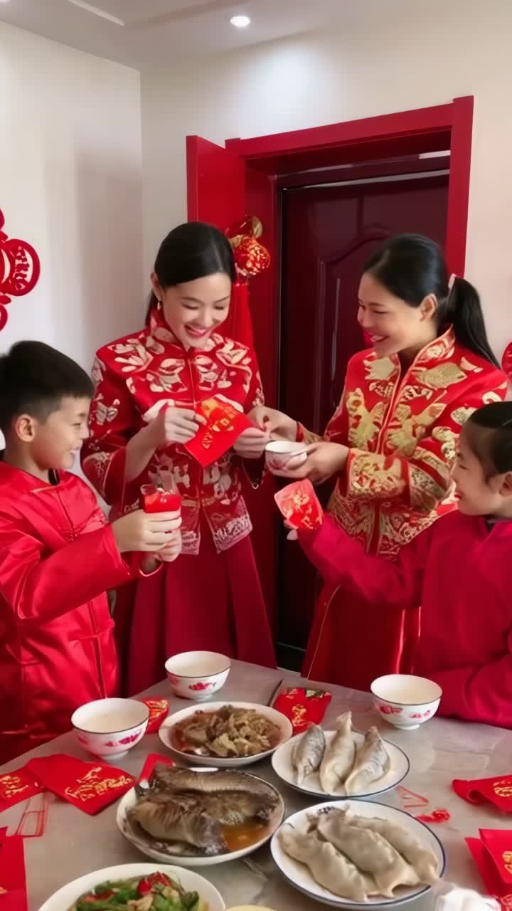 Family holding a traditional red envelope to another person during the Chinese New Year