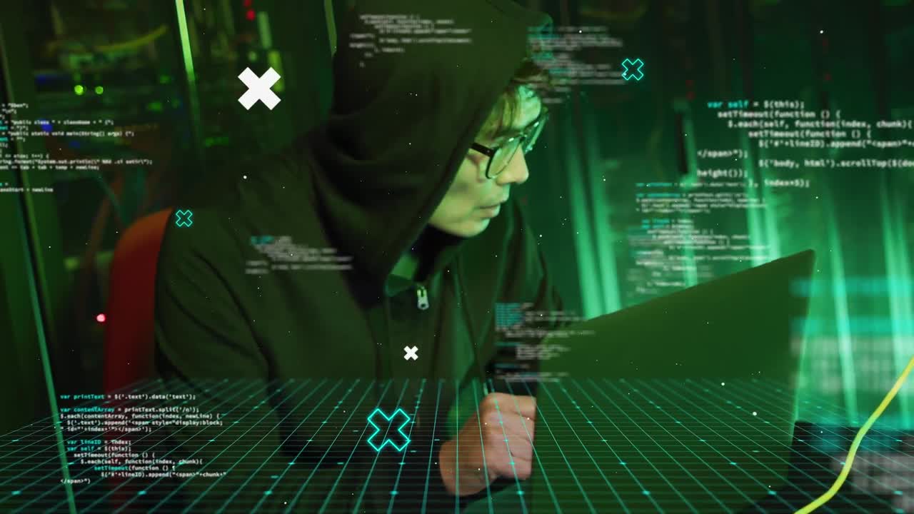 Animation of data processing over asian man working on laptop in server room