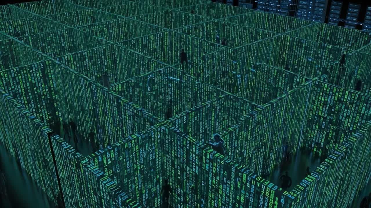 A Mysterious Digital Labyrinth Filled with Matrix-Like Figures Navigating Through Streams of Binary Code and Distorted Network Patterns