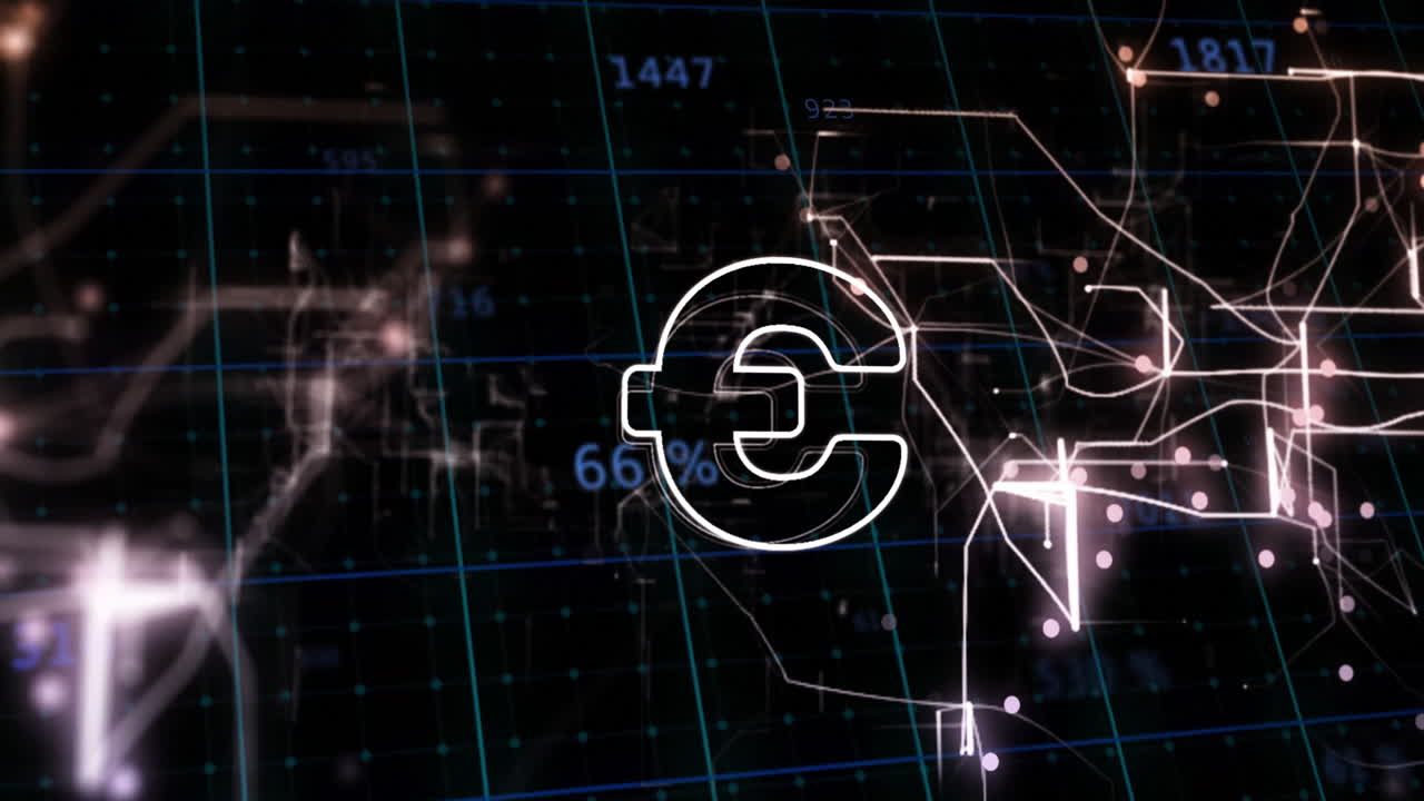 Euro symbol with digital grid and data points in futuristic animation