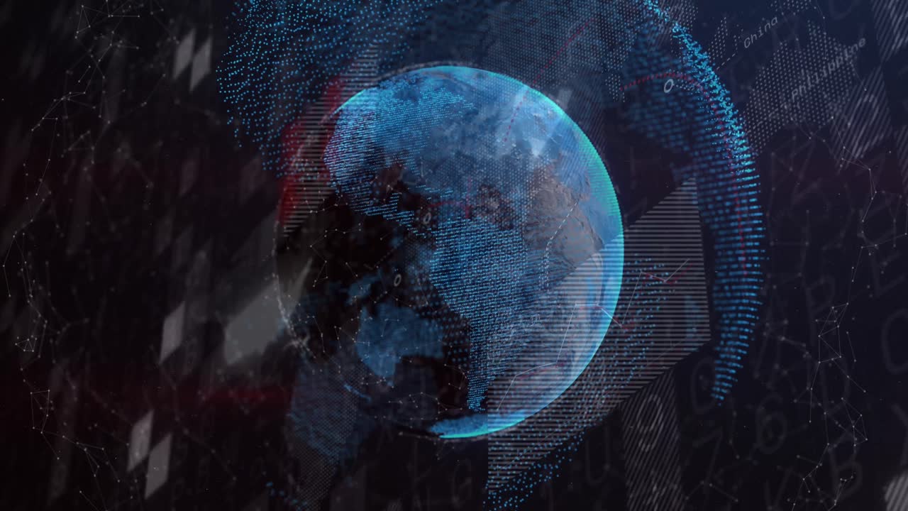 Animation of globe and financial data processing over black background