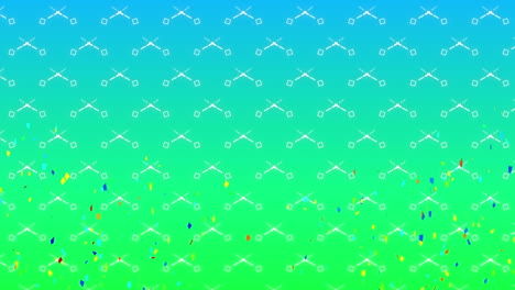 animación de cuadrados y confeti sobre fondo azul y verde