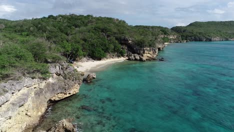 drone flying over coast line with cacti and plants with clear ocean water caribbean