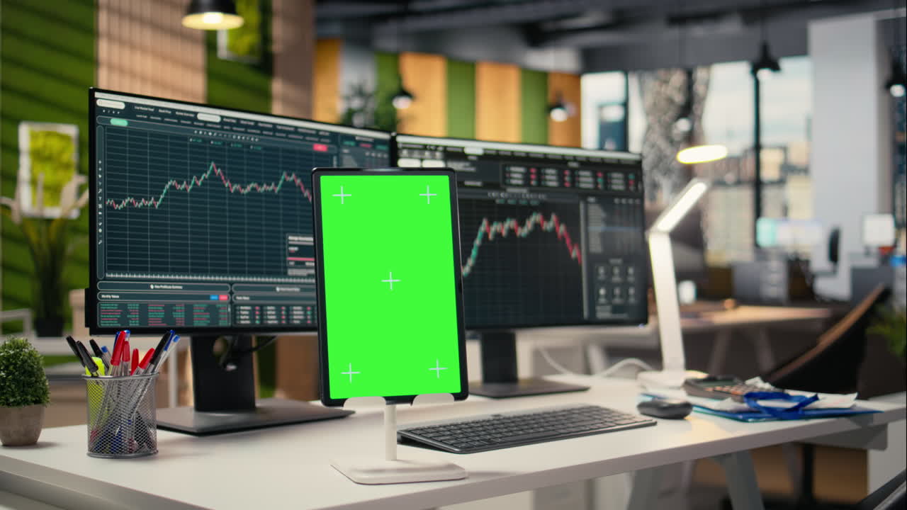 Close up of isolated screen tablet displaying stock market graphs in office