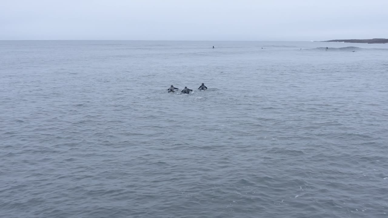 세 명의 용감한 서퍼가 차가운 아이슬란드 바다에서 파도를 타기 위해 노를 젓습니다.