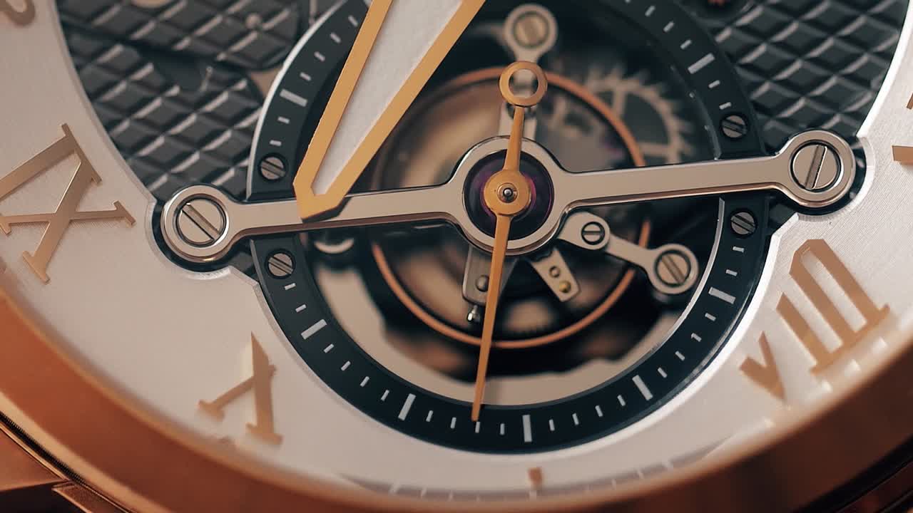 A detailed macro shot of a luxury skeleton watch, showcasing intricate gears and hands, symbolizing time’s precision