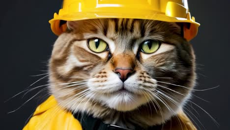 a cat wearing a yellow hard hat and a yellow jacket