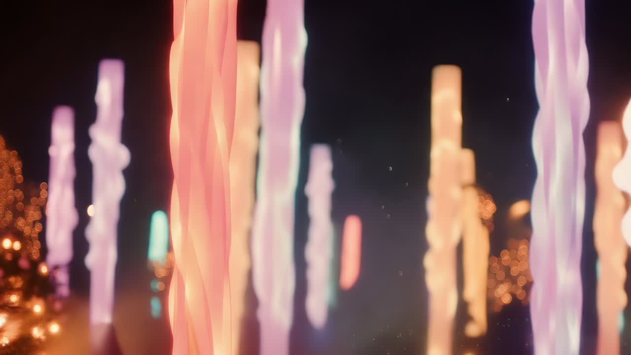 Panning camera showing twisted neon columns glowing in park, showing design with warm string lights