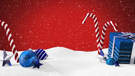 Digitale-Animation-Von-Schnee,-Der-über-Weihnachtszuckerstangen-Fällt