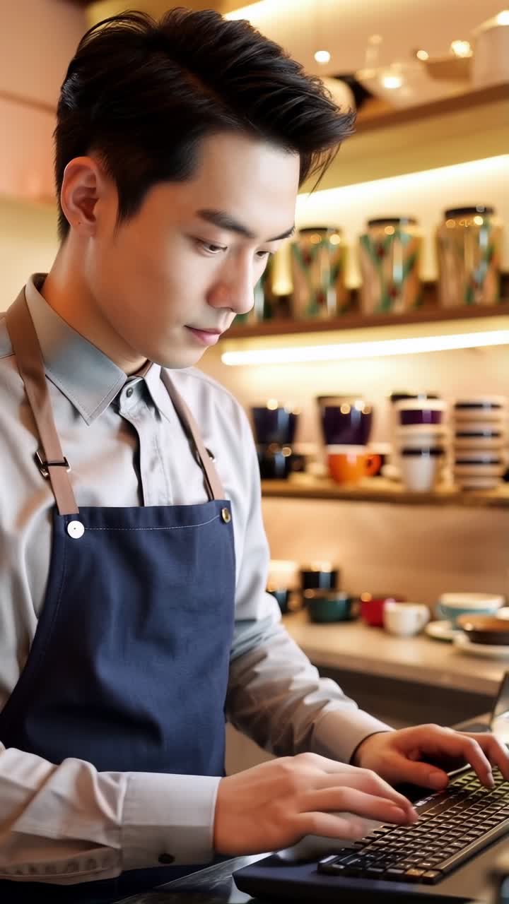 Asian cafe owner managing orders on a computer.