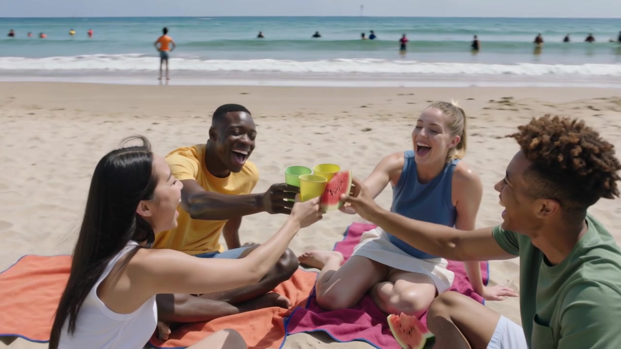 Quatre amis en tenue de plage riant et trinquant sur une plage de sable, célébrant avec de la pastèque.