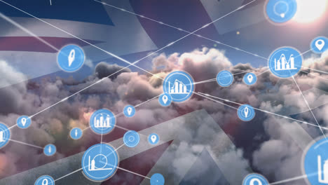 animation of graph and gps icons connecting with lines over flag of united kingdom and cloudscape