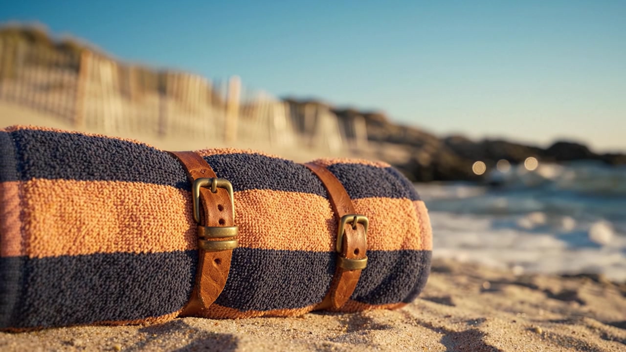 Un accogliente telo da spiaggia con cinghie di pelle appoggiato su spiagge sabbiose sotto il caldo sole vicino a un oceano calmo, invitando al relax e a giornate di svago all'aperto.