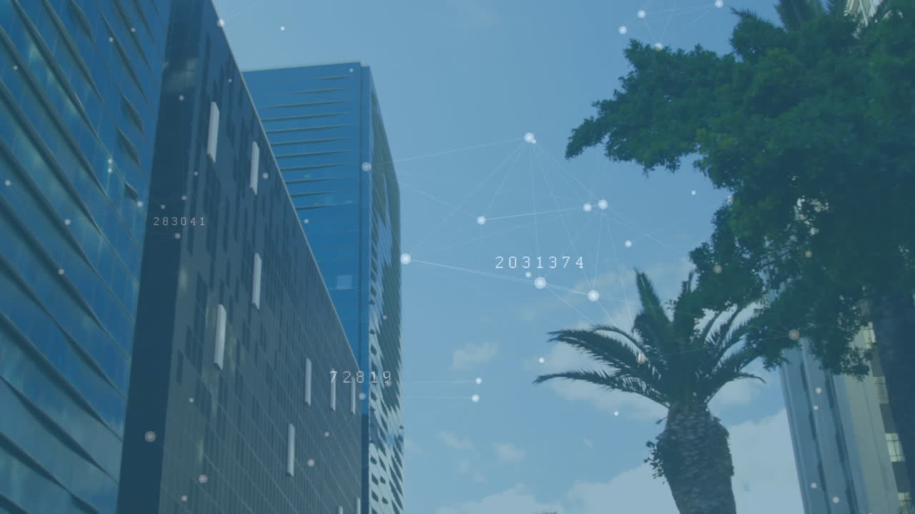 높은 건물의 낮은 각도 시야에 대해 숫자를 변경하고 점을 연결하는 애니메이션