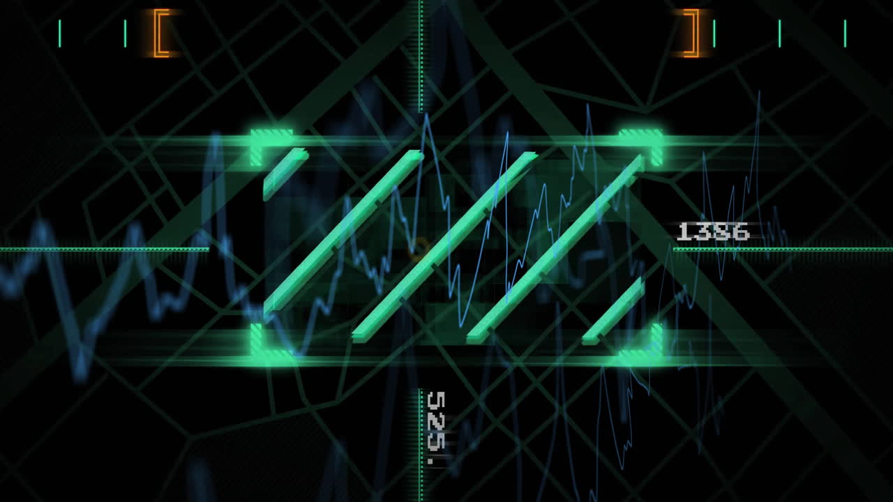 Animation of green digital interface with fluctuating lines and numbers