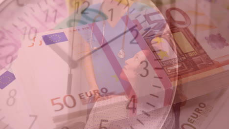 animation of clock ticking over euro currency bills and pregnant woman with female doctor