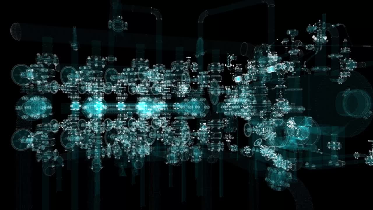 Industrial Technology Concept. Particle hologram industrial equipment, valves, pipes and sensors