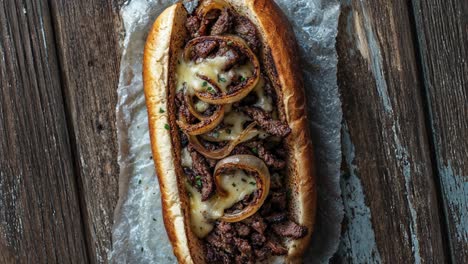 close-up shot of a delicious cheesesteak sandwich