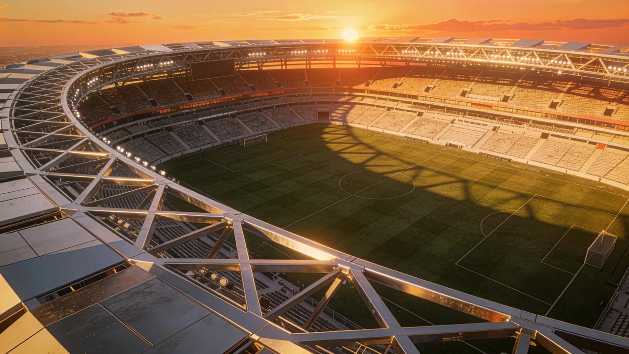 Sole che cala sullo stadio, tetto a traliccio e campo che catturano il sole, ombra che avanza, luci perimetrali che si accendono.