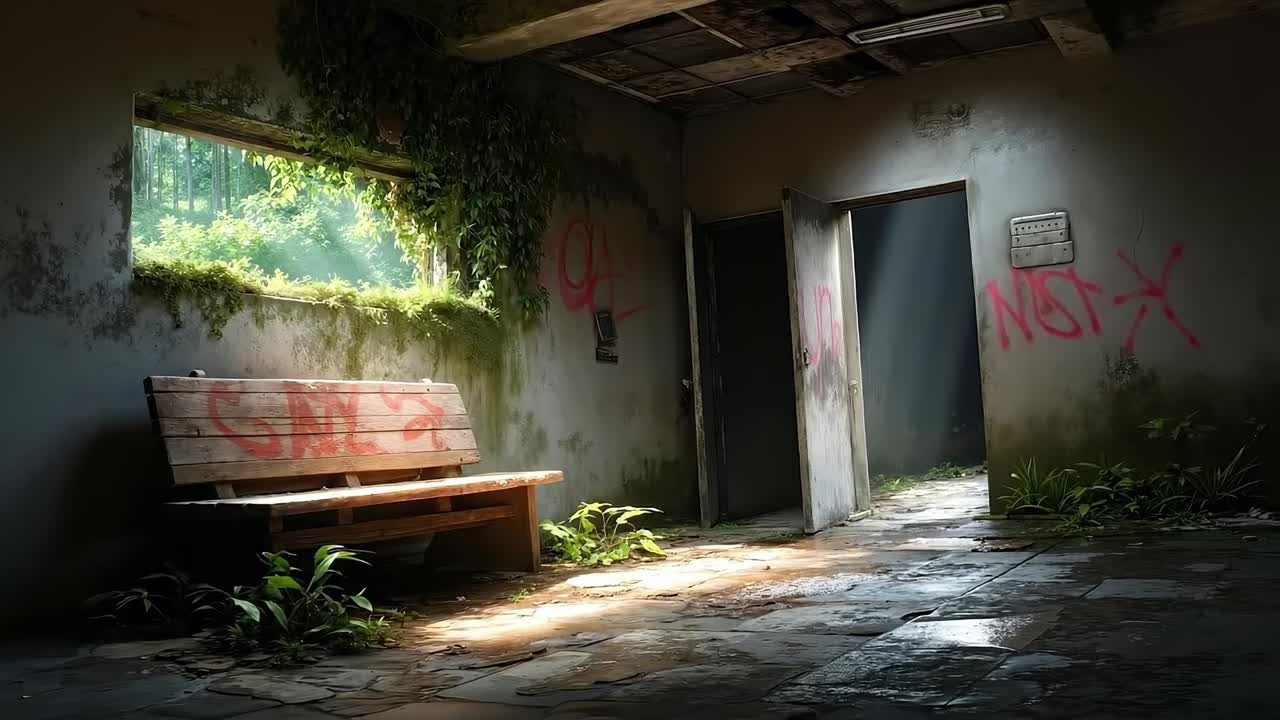 A wooden bench sitting in an abandoned building with graffiti on the walls