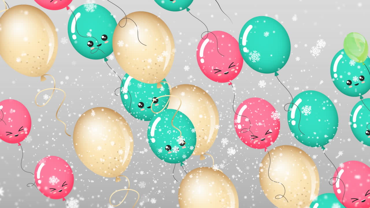 Animazione di palloncini che volano su neve che cade su sfondo grigio.