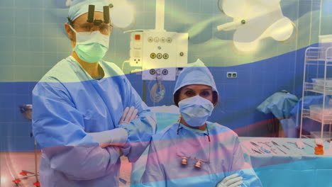 animation of flag of russia waving over surgeon in operating theatre