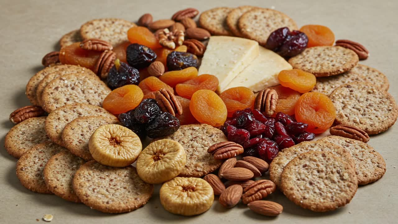A Stunning Display of Gourmet Crackers, Dried Fruits, Nuts, and Artisan Cheese, Perfect for Any Celebration or Gathering, Showcasing an Array of Colors and Textures