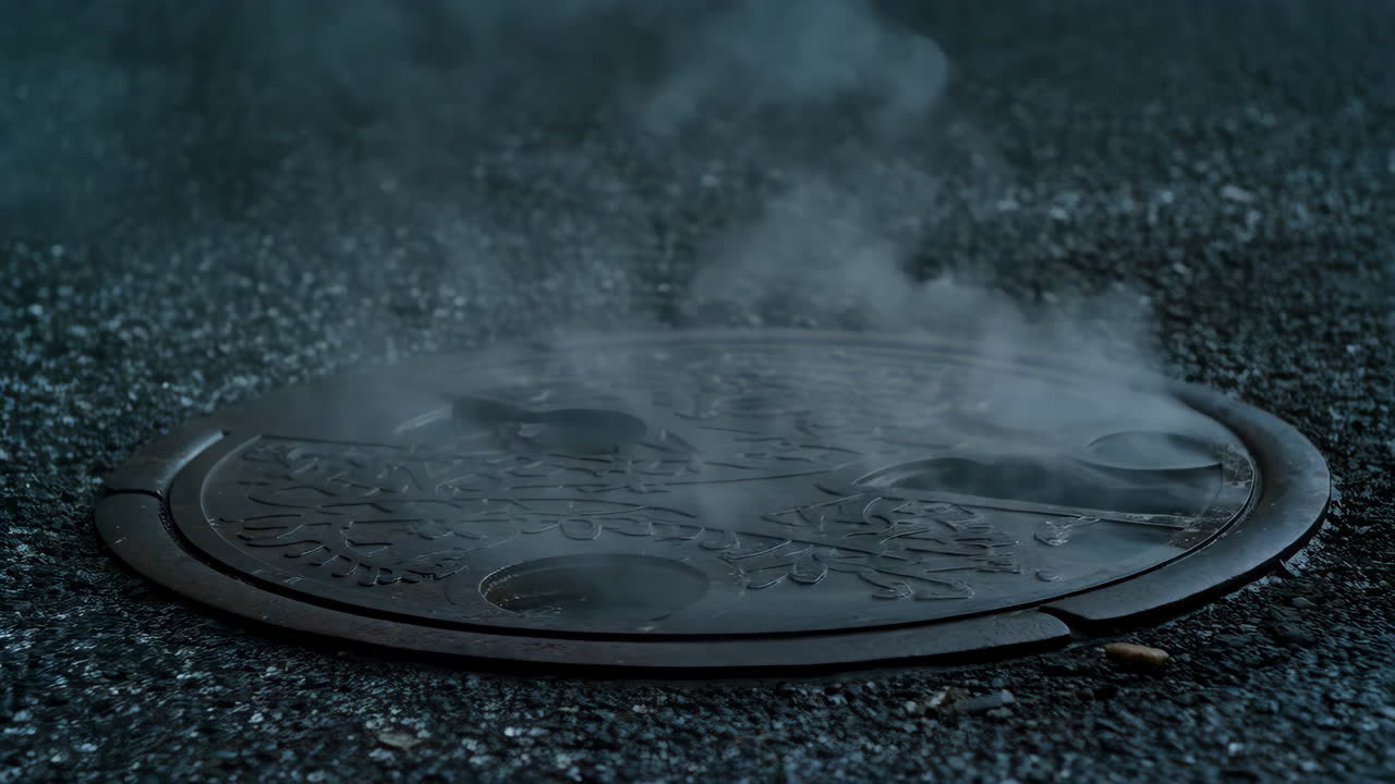 Steam rising from a manhole cover on a dark surface