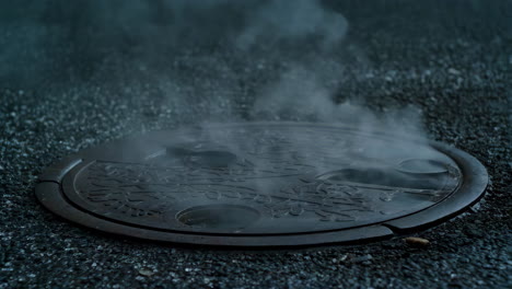 steam rising from a manhole cover on a dark surface