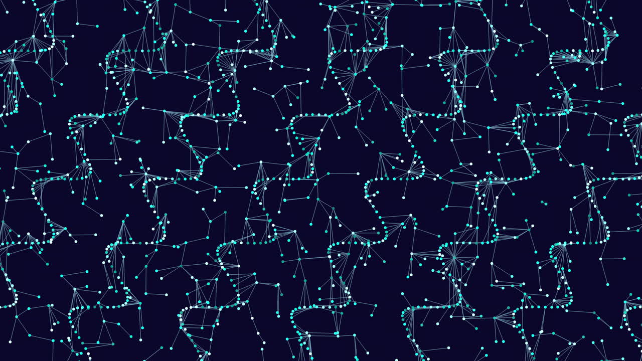 A geometric pattern of blue lines and white dots on a black background, creating shapes like triangles and rectangles. The lines intertwine, forming an intricate and visually captivating design