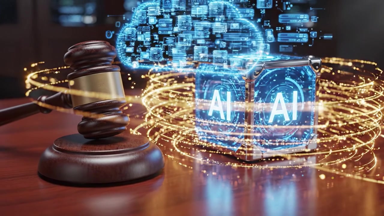 In a modern courtroom, a gavel rests beside a futuristic AI-illuminated cube, symbolizing the powerful intersection of law and technology in today’s digital age.