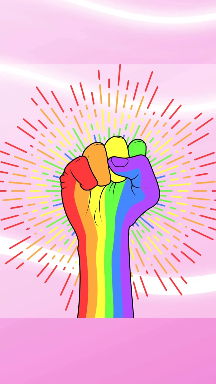 Animation of rainbow fists over pink background