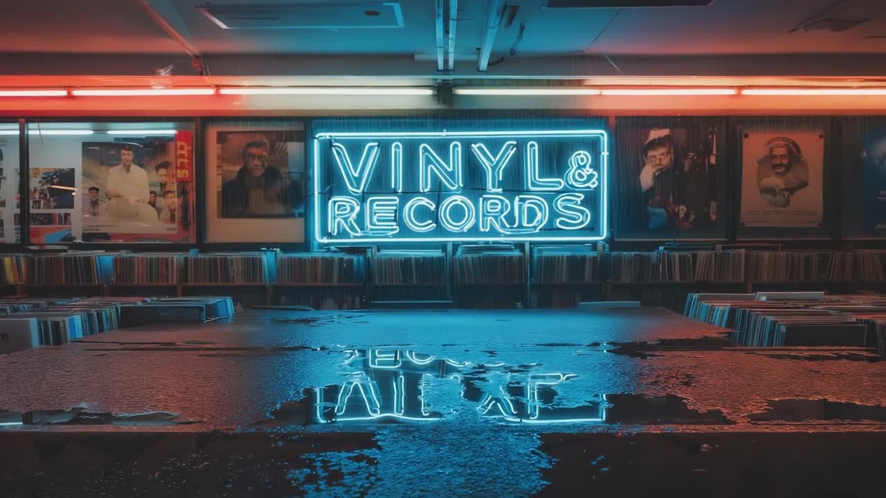 En neonbelyst vinylpladebutik