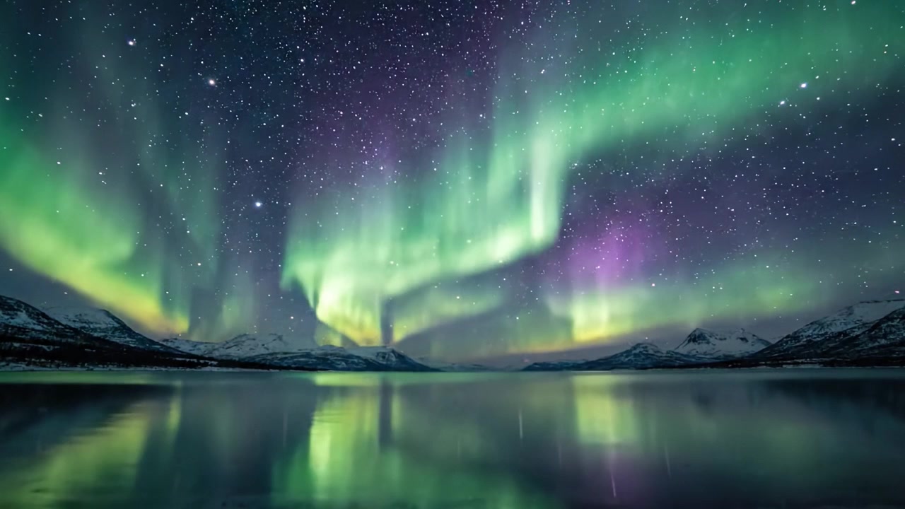 Spettacolare aurora boreale sopra un sereno lago ghiacciato circondato da maestose montagne sotto un cielo notturno stellato.