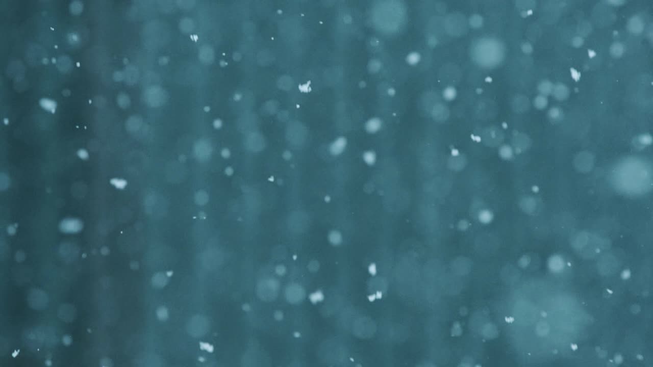 Calm snowflakes gently fall in slow motion, creating a peaceful winter atmosphere