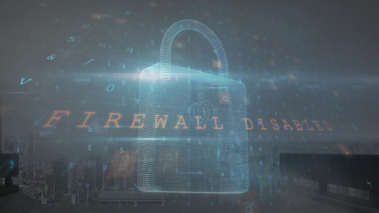 Animation of cyber security data processing and padlock icon against aerial view of cityscape