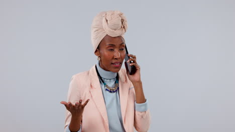 Negocios,-Llamada-Telefónica-Y-Mujer-Negra-Con-Estrés