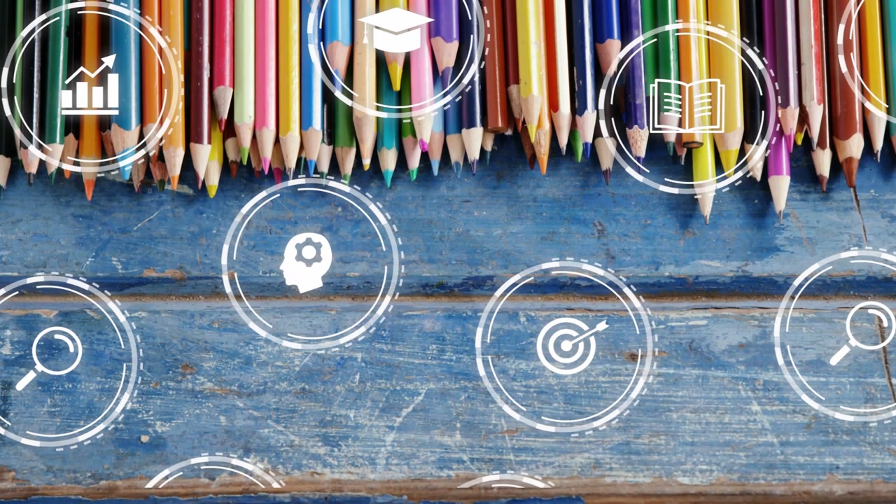 Icons fading in, pencils sliding down, symbols appearing, showing edutech ideas on worn blue plank