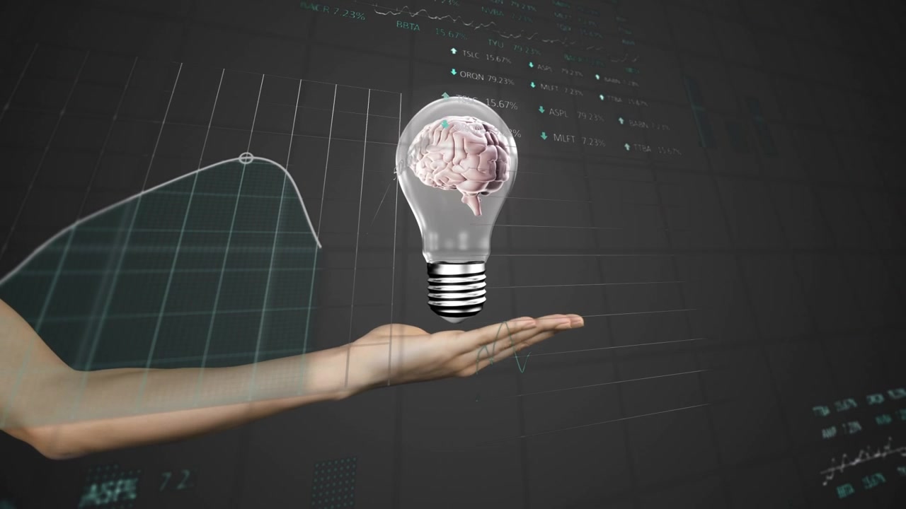 Left palm holding falling brain bulb, causing percent updates and teal graph drawing for data