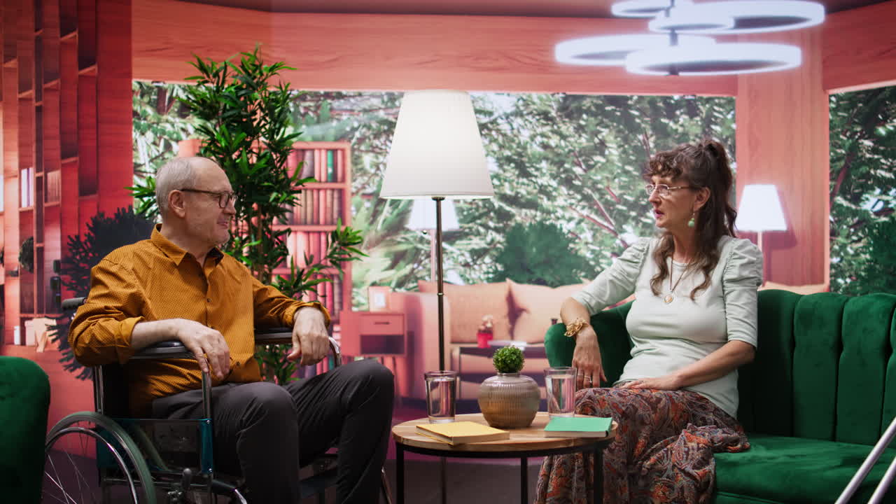 노인 여성 이 집 에서 체어 에 앉아 있는 남편 과 대화 하고 있다