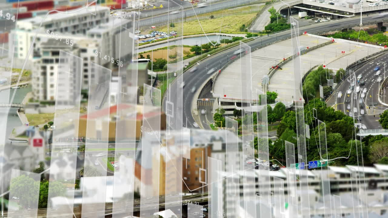Cityscape with roads and buildings, data visualization animation over urban infrastructure