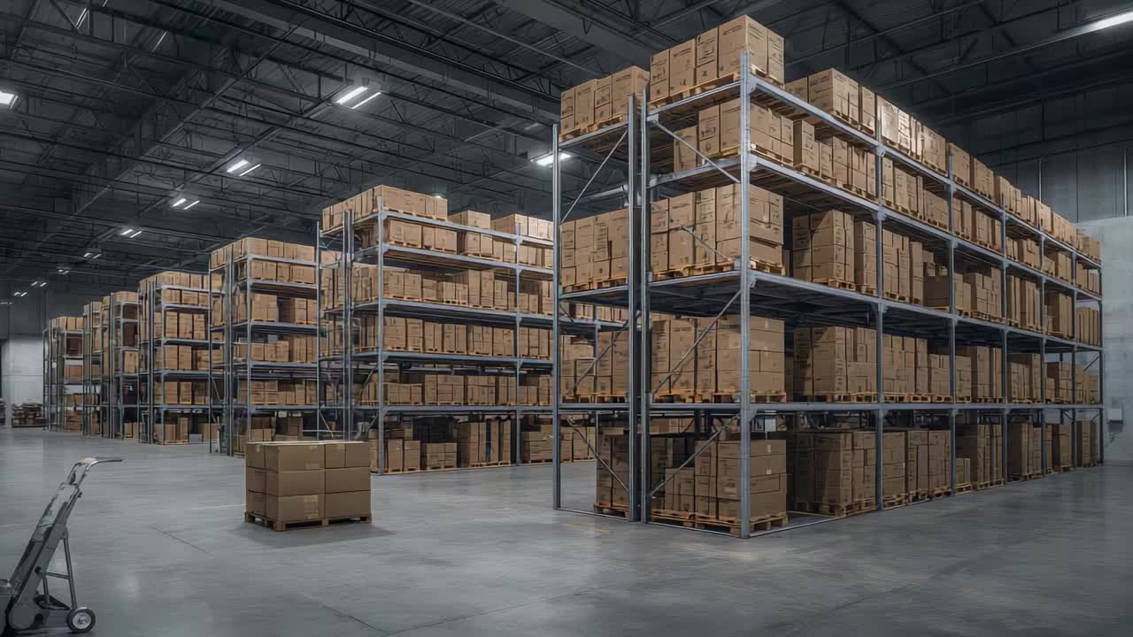 Panning camera revealing warehouse storage scale, with pallet jack shifting into frame, copy space