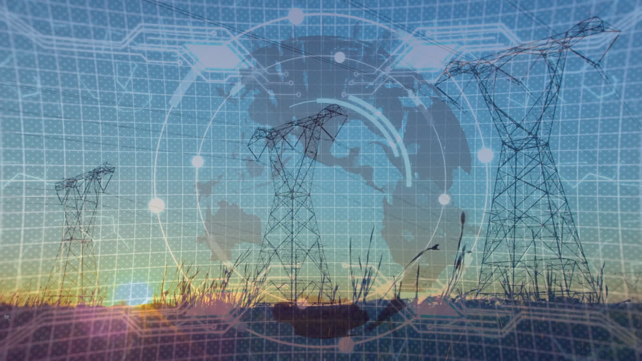 전력 기둥과 함께 풍경 위의 지구의 애니메이션